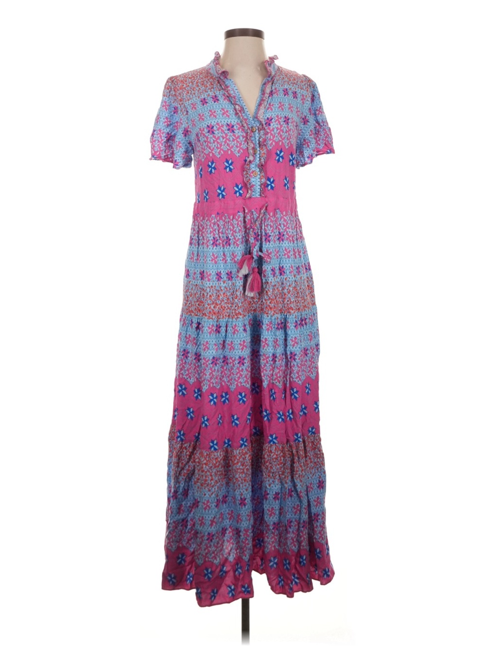 Nwots POL Bohemian Pink & Blue Floral Tiered Maxi Dress